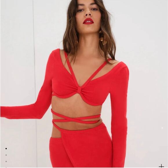 For Love & Lemons Edith Red Cropped Strappy Tie Back Sweater Skirt Set XXS - Picture 4 of 16